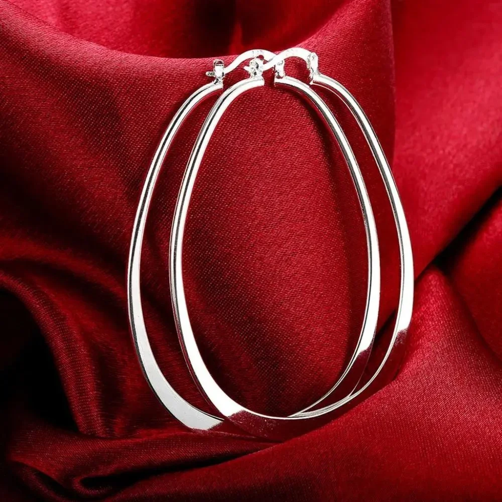 Stunning .925 Sterling Silver Large 2.7 Inches Oval Hoop Earrings Hypoallergenic - Picture 2 of 6